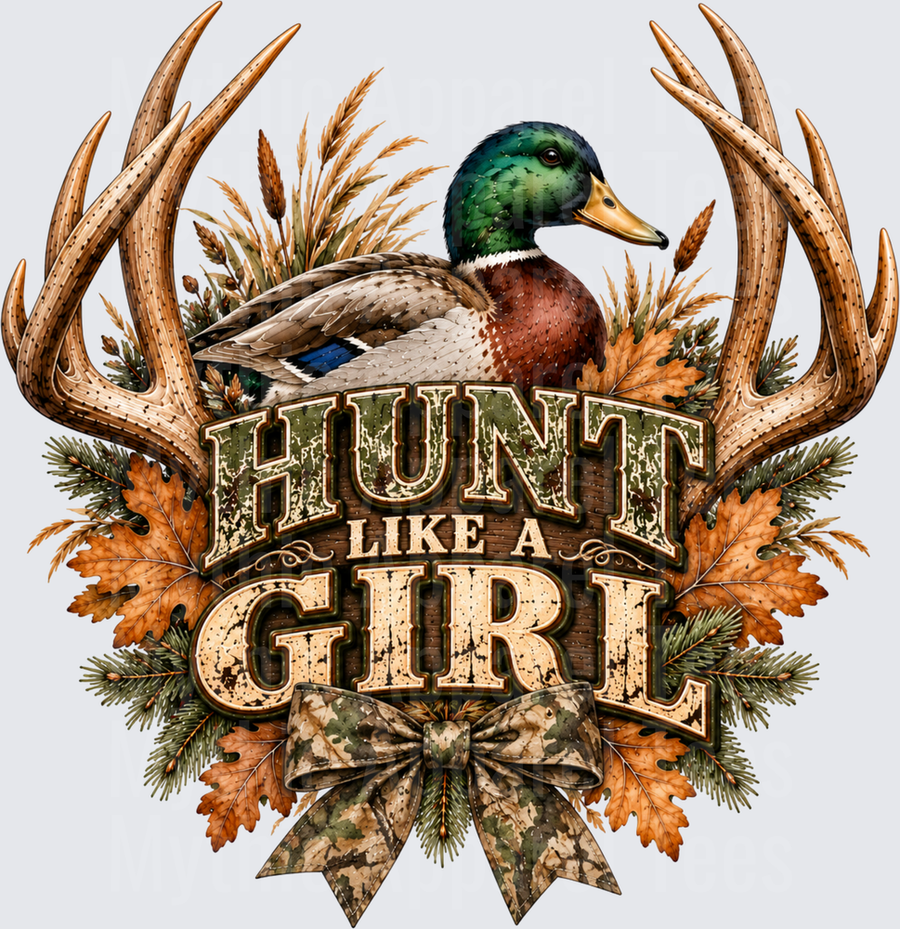 Hunt Like A Girl Mallard Duck Deer Antlers Camo Bow Fall Leaves Hunting Design