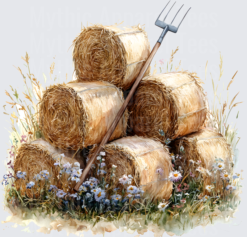 Farm Life and Farm Animals Stacked Hay Bales Pitchfork Wildflowers Watercolor