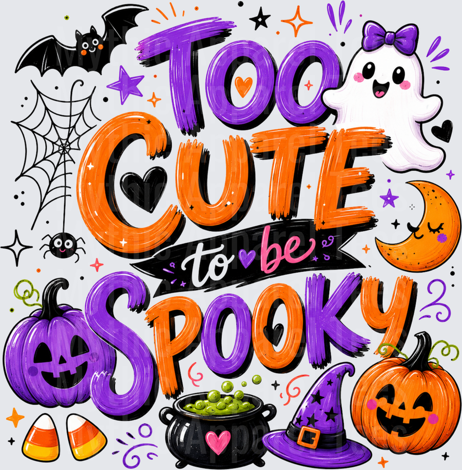 Halloween Too Cute To Be Spooky Kawaii Ghost Pumpkin Bat Witch Hat Cauldron Spider Web Fun Typography Design