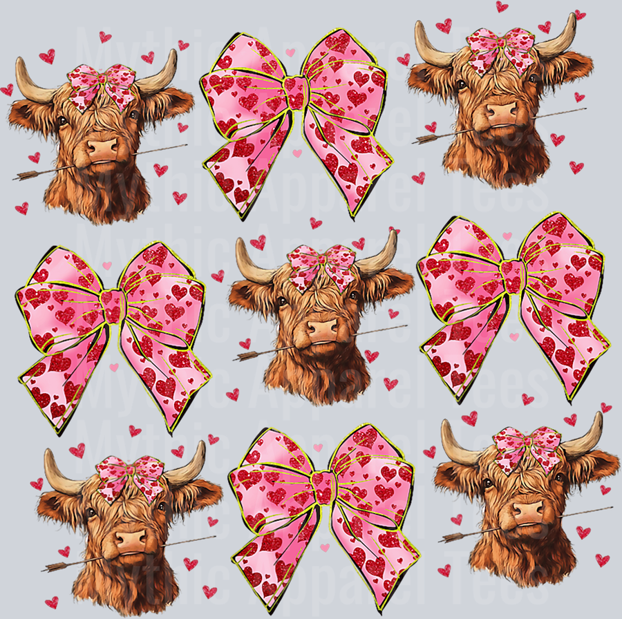 Valentines Day Pattern with Highland Cow and Pink Bow DTF Highland Cow Transfers