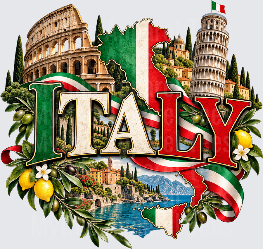 Italy Colosseum Leaning Tower of Pisa Italian Flag Map Landmarks Lemons Olives Scenic Coastal Village Patriotic Design