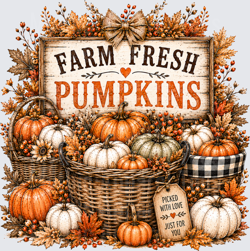 Farm Fresh Pumpkins Picked With Love Just For You Rustic Autumn Harvest Basket Burlap Bow Fall Foliage