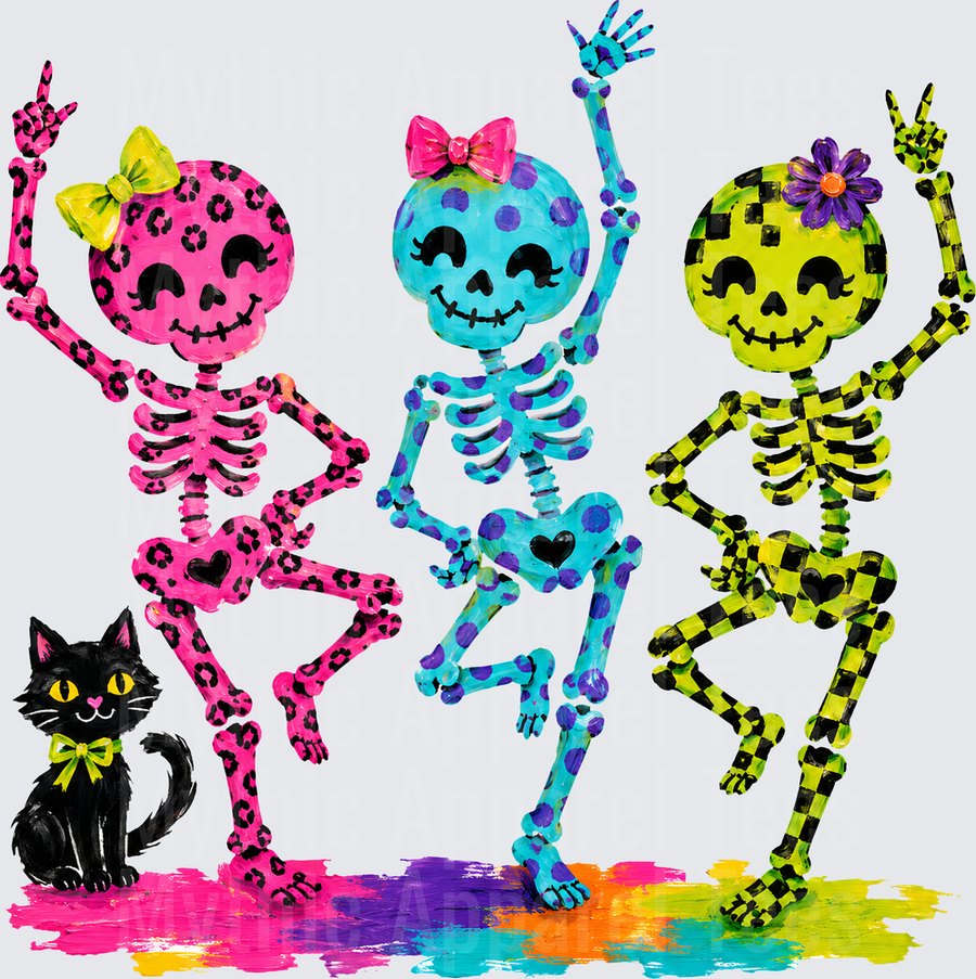Halloween Bright And Fun Neon Dancing Skeletons with Leopard Print Polka Dot and Checkered Patterns with Black Cat and Colorful Paint Splashes