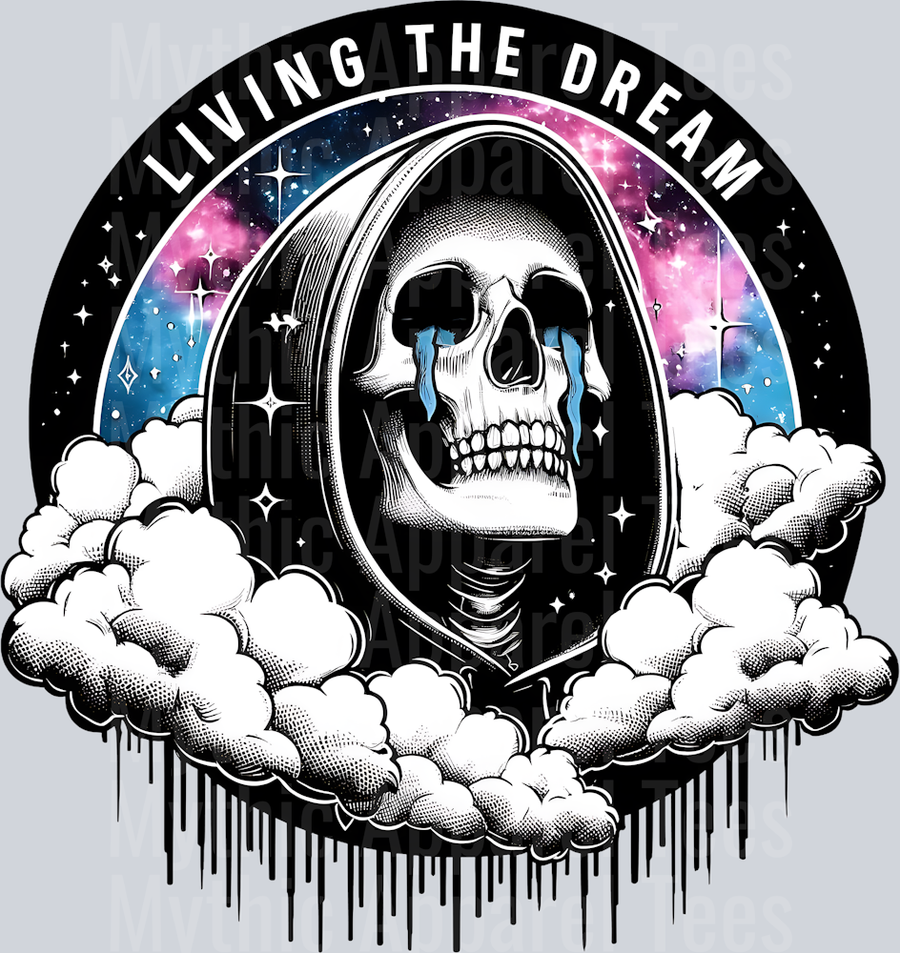 Living the dream crying skull death with clouds and black liquid DTF Skull Transfers