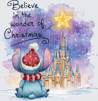 Stitch Wearing Santa Hat and Scarf Gazing at Magic Kingdom Castle Under Snowy Sky with Glowing Star and Believe in the Wonder of Christmas Script Watercolor