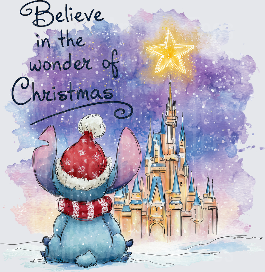 Stitch Wearing Santa Hat and Scarf Gazing at Magic Kingdom Castle Under Snowy Sky with Glowing Star and Believe in the Wonder of Christmas Script Watercolor