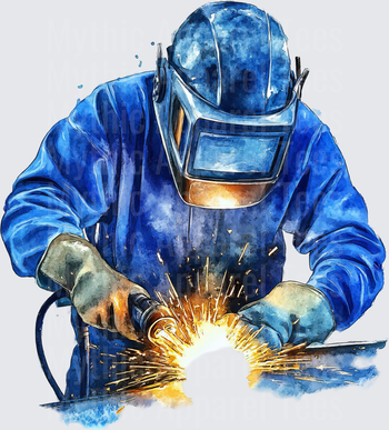 Watercolor Welder in Blue Coveralls and Safety Helmet Grinding Metal with Flying Sparks