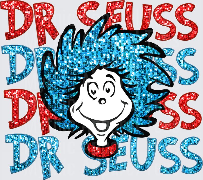 Dr Seuss Thing 1 Thing 2 Smiling Face Glitter Red Blue Stacked Text
