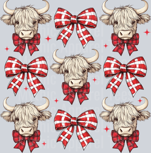 Highland Cow and Red and white bow DTF Christmas Highland Cows Transfers