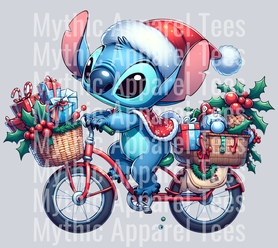 Stitch Christmas Bike - Presents and Holly - Christmas DTF Transfer