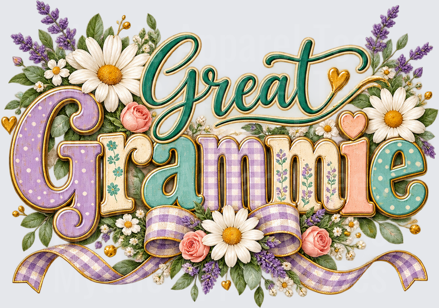 Great Grammie Floral Typography with Daisies Lavender Roses and Purple Gingham Bow