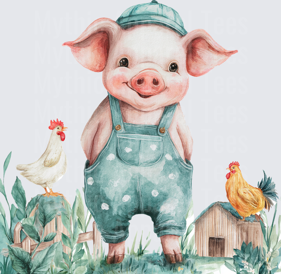 Watercolor Farmyard Pig in Teal Overalls and Cap with Chickens and Rustic Barn