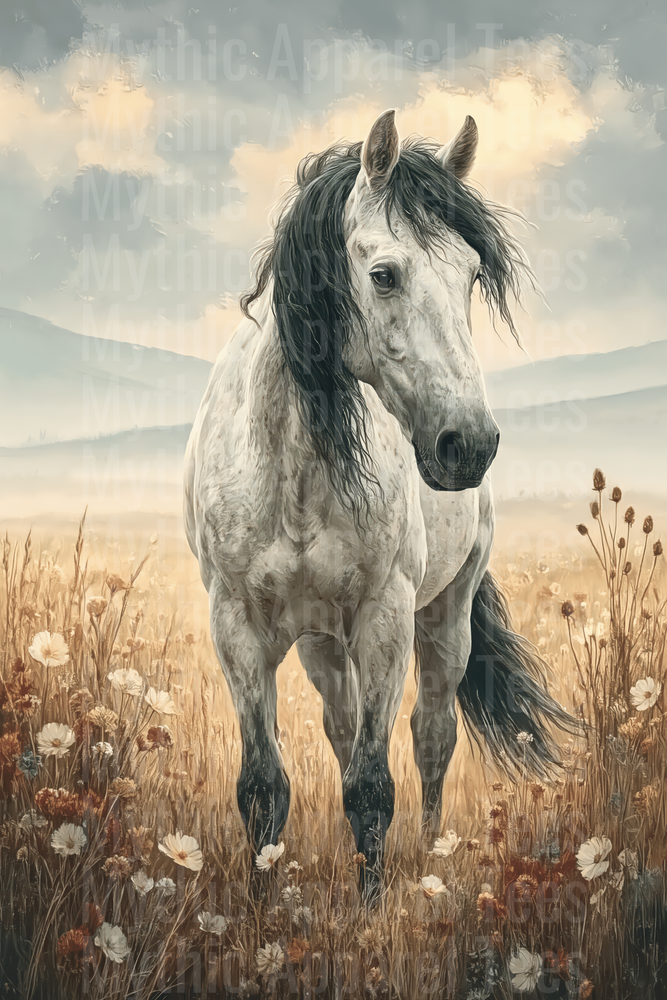 Majestic White Dapple Grey Horse with Dark Flowing Mane Standing in Wildflower Meadow Vintage Painted Art