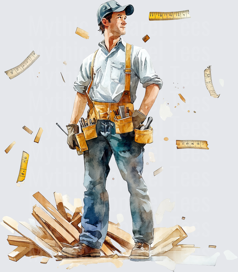 Watercolor Carpenter Standing Proud Surrounded by Flying Rulers and Wood Scraps with Tool Belt and Work Cap