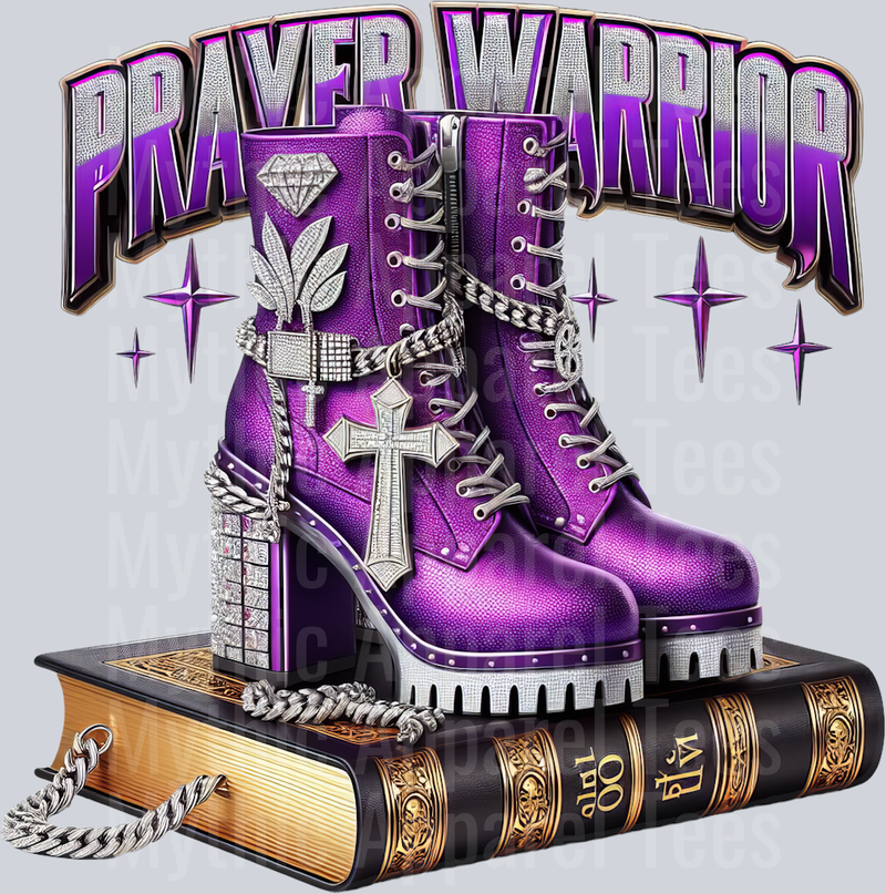 Boots on bible 5 PW Purple Prayer Warrior DTF Religious Transfers