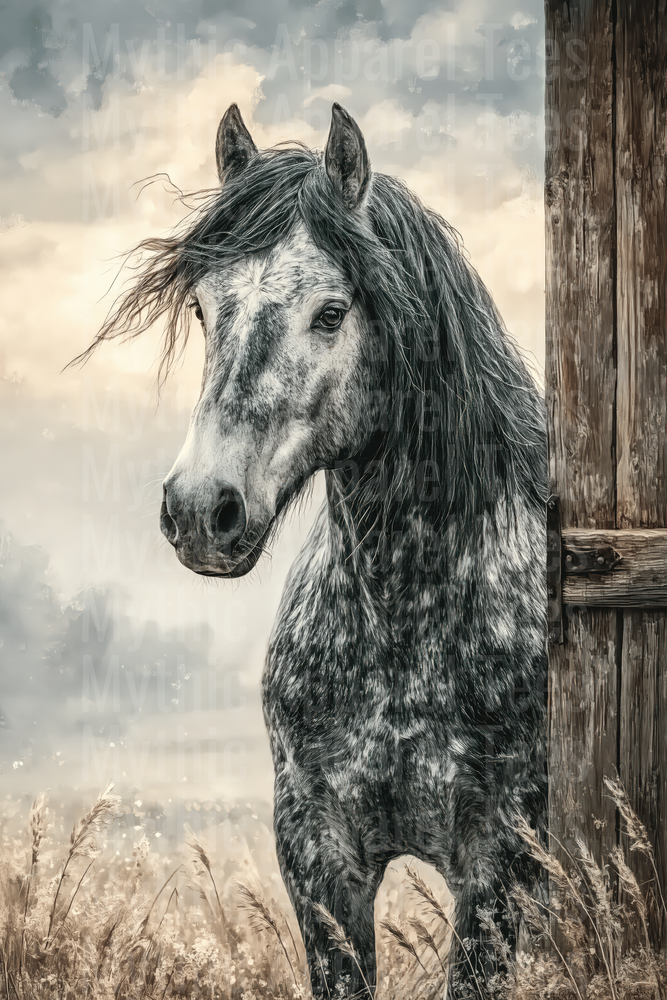 Dapple Gray Horse with Flowing Mane by Rustic Barn in Misty Field