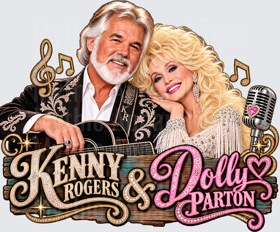 Kenny Rogers and Dolly Parton Country Music Legends Portrait with Guitar Vintage Microphone and Gold Musical Notes Rhinestone Western Design