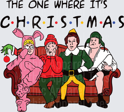 The One Where It's Christmas Friends Style Couch Scene with Ralphie Bunny Suit Kevin McCallister Buddy the Elf and Clark Griswold