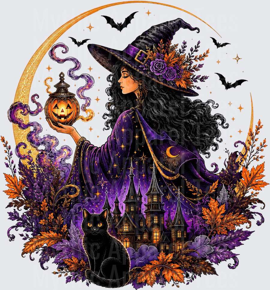 Halloween Witch Black Cat Haunted Castle Crescent Moon Design