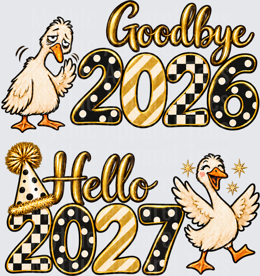 Goodbye 2026 Hello 2027 New Year Funny Duck Duo with Gold Black Checkered Polka Dot Typography