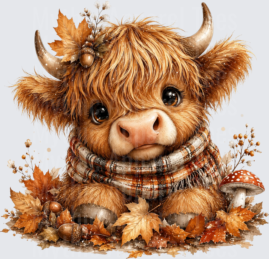 Cute Baby Highland Cow Wearing Plaid Scarf Surrounded by Autumn Leaves Acorns and Mushrooms