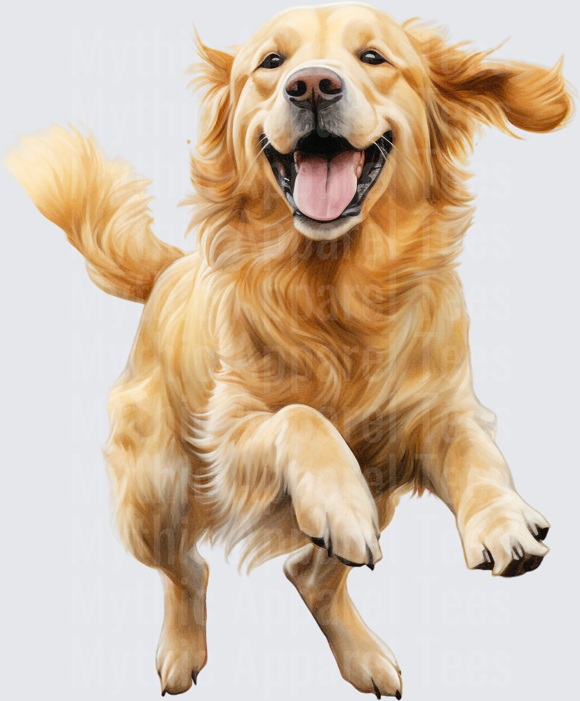 Happy Running Golden Retriever With Floppy Ears and Tongue Out Realistic Watercolor