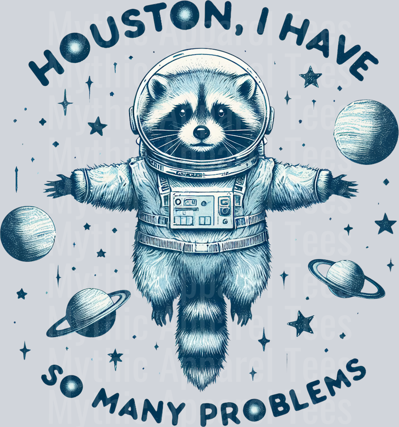 Houston I have so many problems blue grey DTF Racoon Transfers