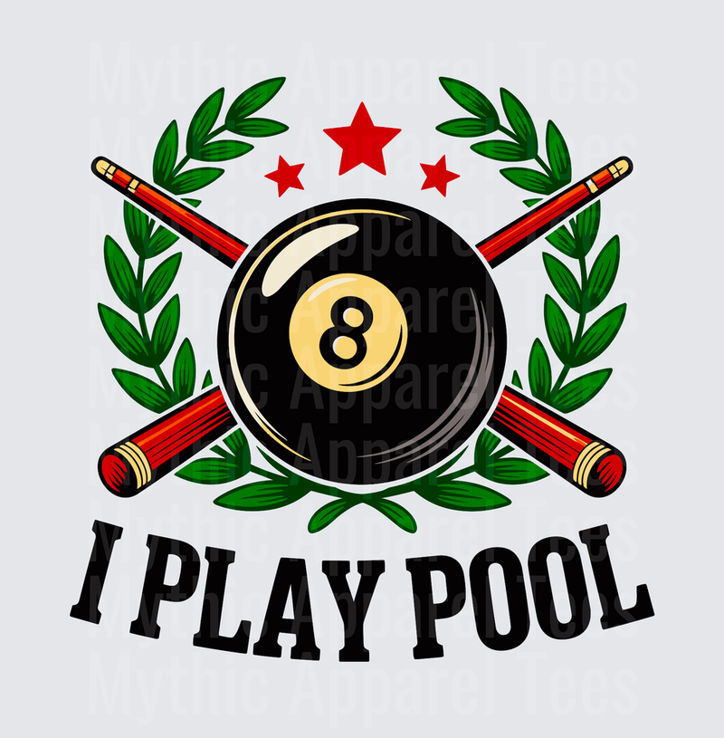 I Play Pool Eight Ball Crossed Cue Sticks Laurel Wreath Red Stars Billiards