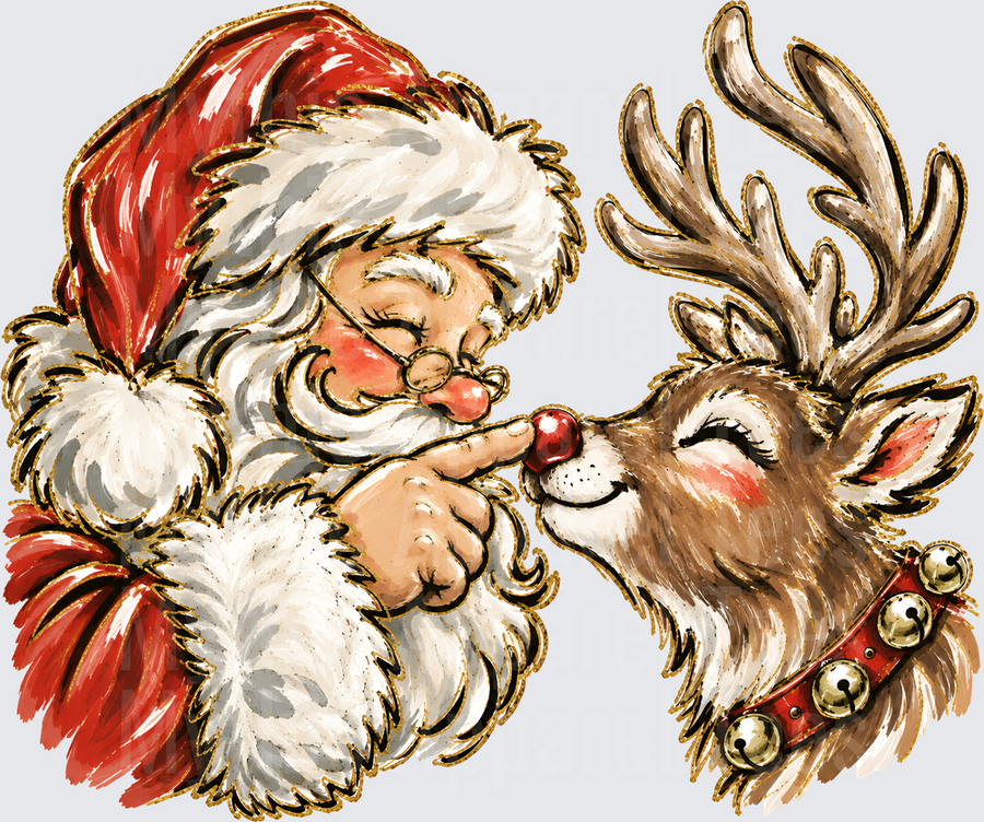 Santa Claus Booping Rudolph the Red-Nosed Reindeer on the Nose Vintage Illustrated Christmas