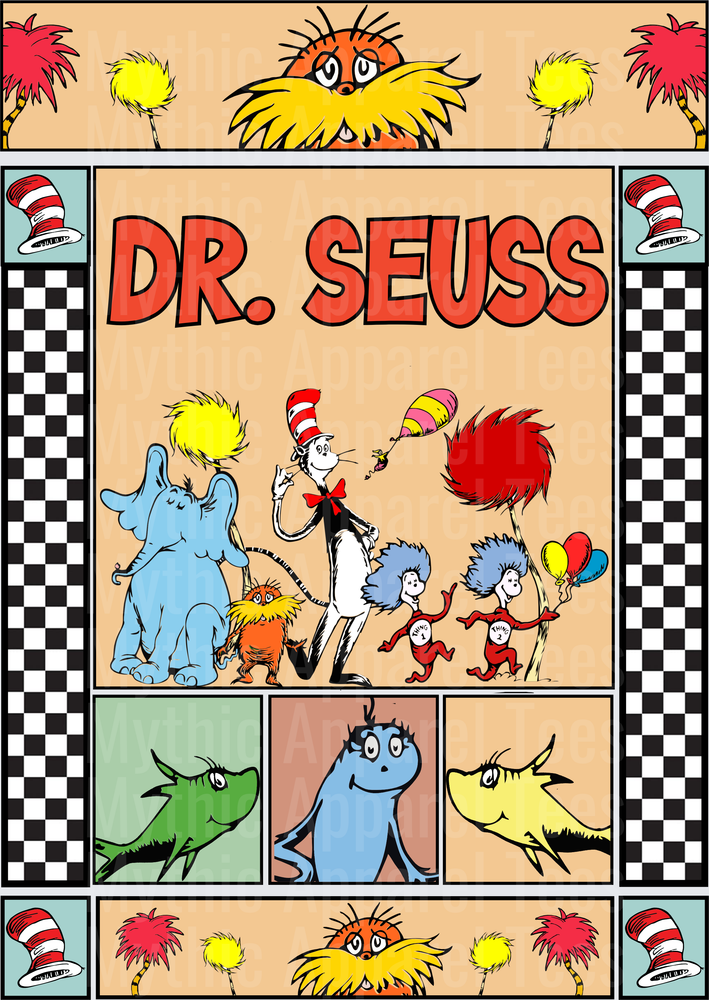 Dr. Seuss Character Collage featuring The Cat in the Hat, Horton, The Lorax, Thing 1 and Thing 2, The Grinch, and Colorful Truffula Trees with Checkered Border Panel Design