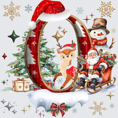 Letter O Christmas Watercolor Design with Santa Sleigh Reindeer and Snowman