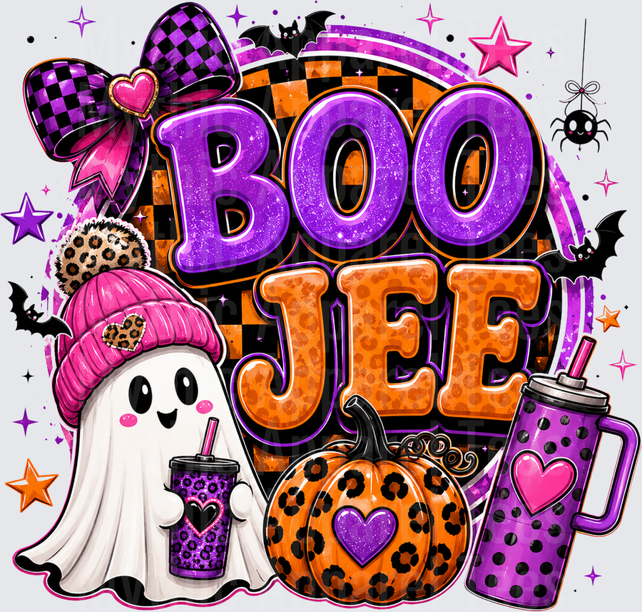 Halloween Boujee Ghost with Pink Beanie Hat Leopard Pumpkin Purple Tumbler Checkered Bow Bats Stars Sparkles