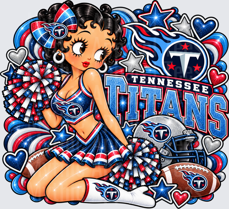 Betty Boop Tennessee Titans Cheerleader with Pom Poms Glitter Stars Hearts and Football Helmet Fan Design