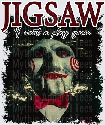 Jigsaw Billy the Puppet Saw Horror I Want To Play A Game Red Spiral Cheeks Dark Distressed Portrait