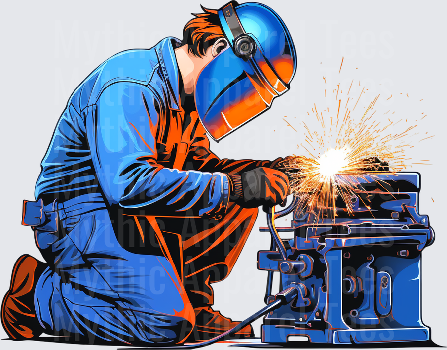 Welder Kneeling with Welding Mask and Flying Sparks on Industrial Equipment Comic Style