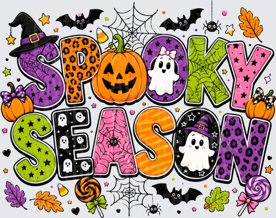 Spooky Season Cute Halloween Patterned Letters with Jack-O-Lantern Witch Ghost Bats Spider Webs Pumpkins Candy Corn and Fall Leaves
