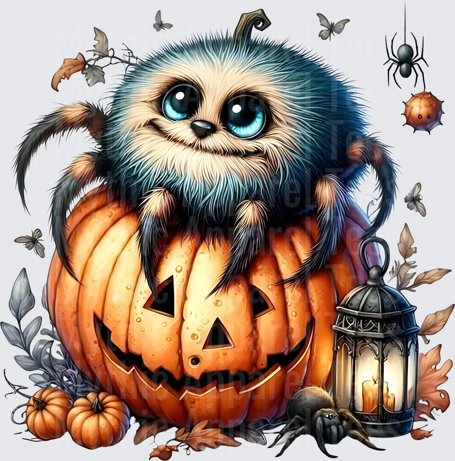 Cute Fluffy Spider Creature with Big Blue Eyes Sitting on Jack-O-Lantern with Gothic Lantern and Autumn Leaves