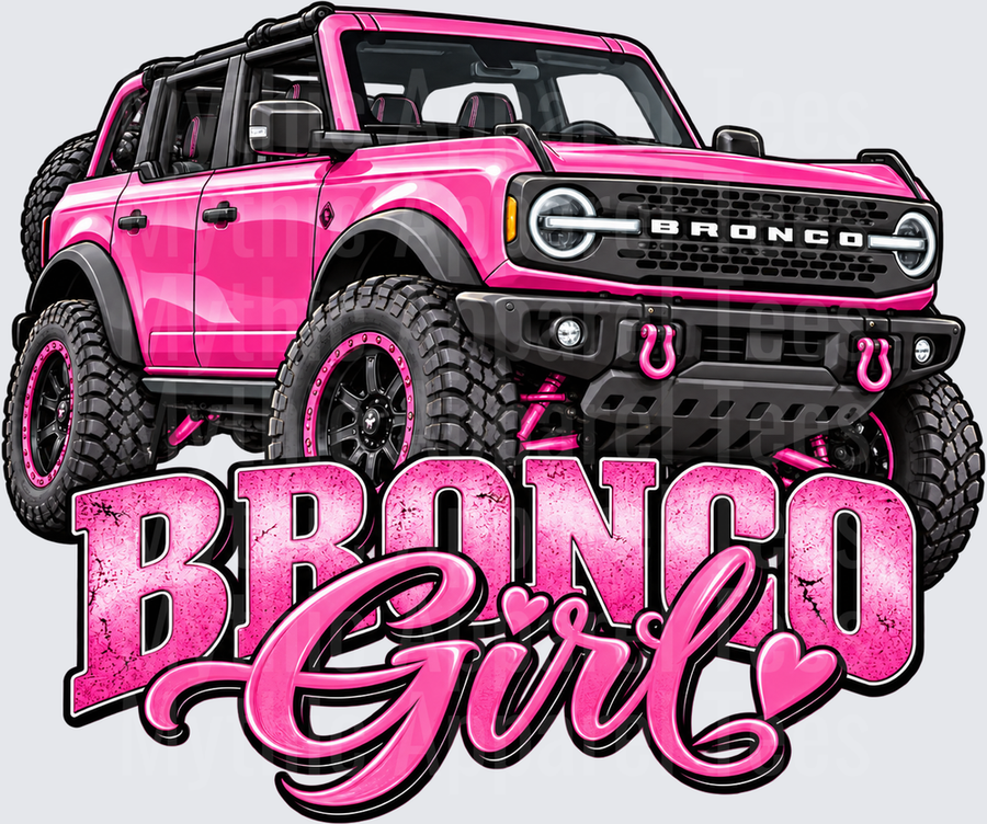Bronco Girl Hot Pink Ford Bronco Off-Road 4x4 Lifted Truck with Mud Tires and Recovery Hooks