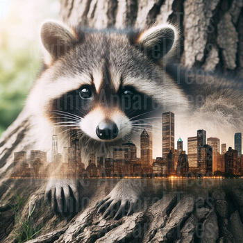 Cute Raccoon Portrait Double Exposure City Skyline Urban Wildlife Nature Tree Bark