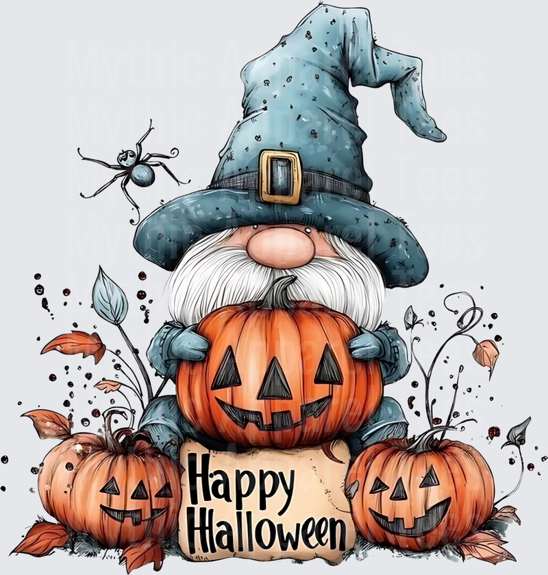 Happy Halloween Gnome with Jack-O-Lanterns and Spider Watercolor Design