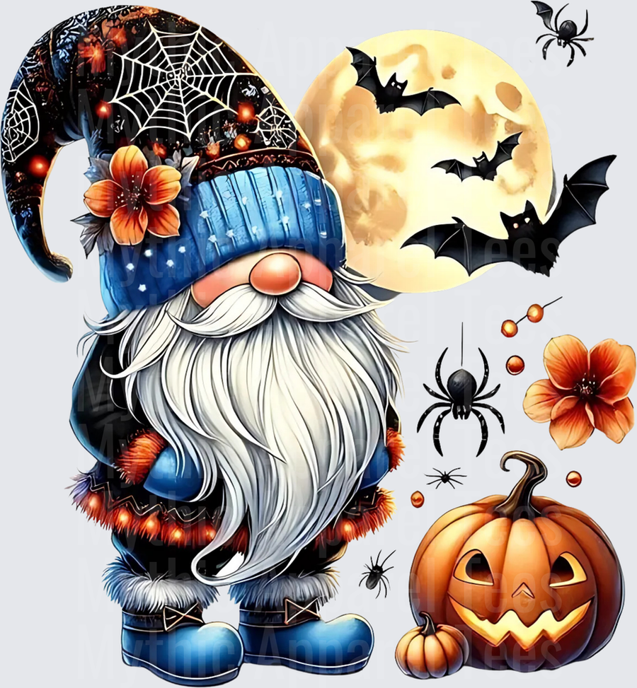 Halloween Gnome with Spiderweb Hat Full Moon Bats Jack-o-Lantern and Spiders