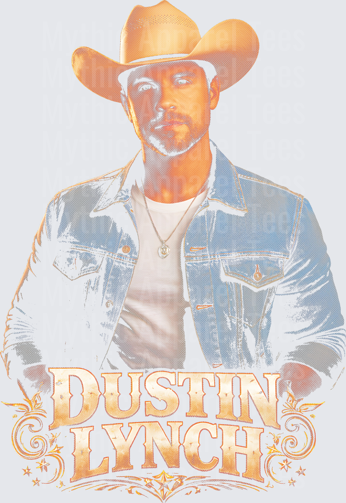 Dustin Lynch Country Artist Cowboy Hat Denim Jacket Portrait with Ornate Logo Scroll Design
