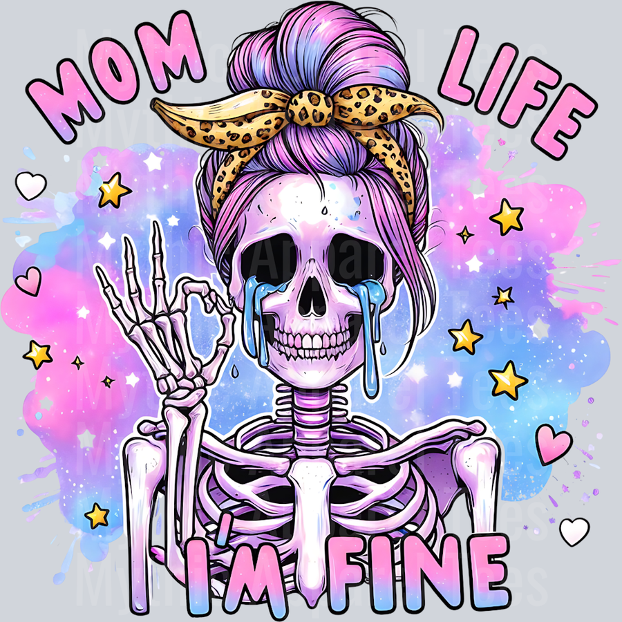 Mom life im fine purple and pink background DTF Skull Transfers