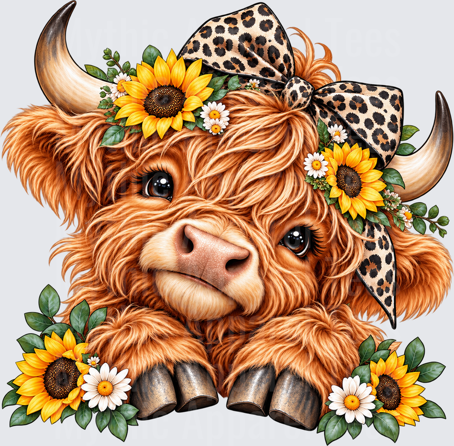Animals Cute Baby Highland Cow with Sunflowers Daisies and Leopard Print Bow