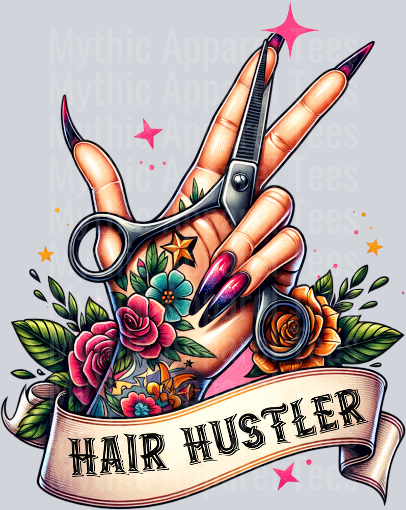 Hair Hustler Scissors and Nails with flowers Ed Hardy DTF Hair Stylist Transfers