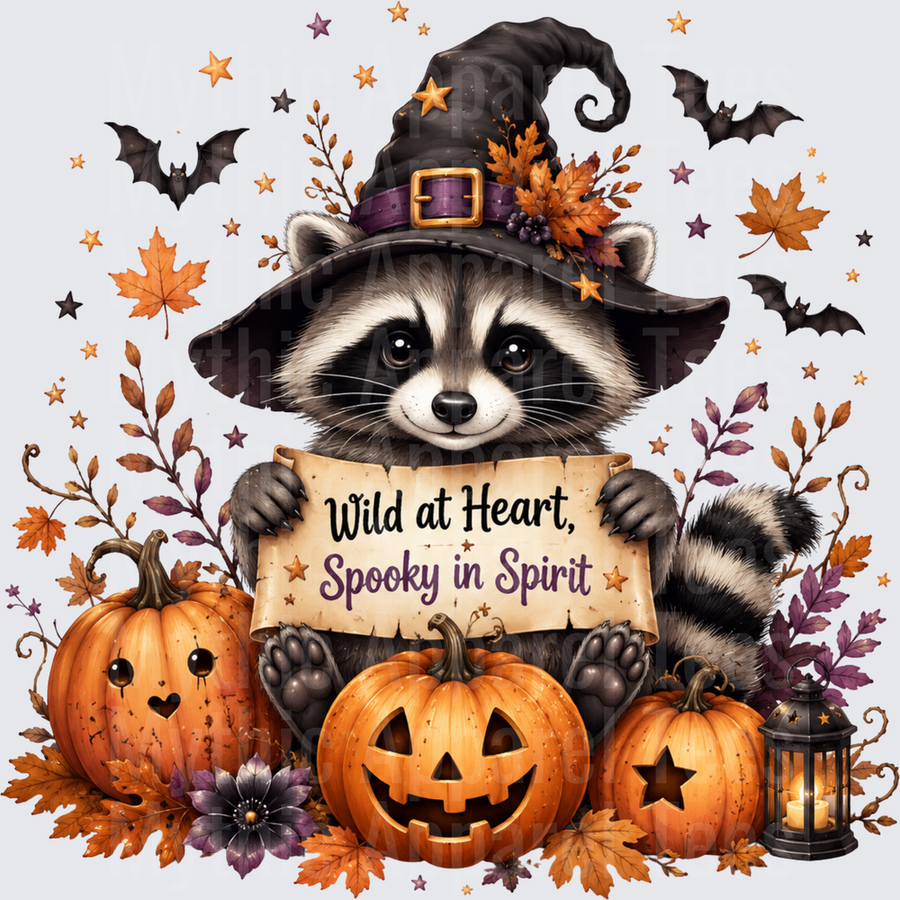 Cute Raccoon Witch Hat Wild at Heart Spooky in Spirit Halloween Pumpkins Bats Fall Leaves Lantern