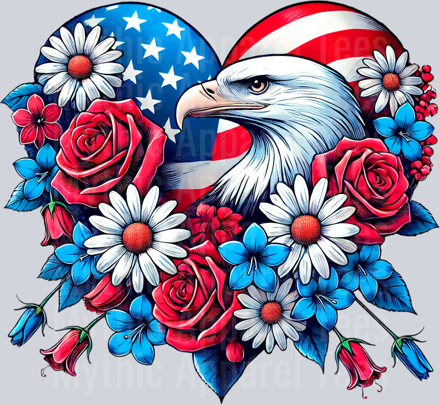 Rose heart with eagle patriotic red white and blue print 4 DTF Patriotic Transfers