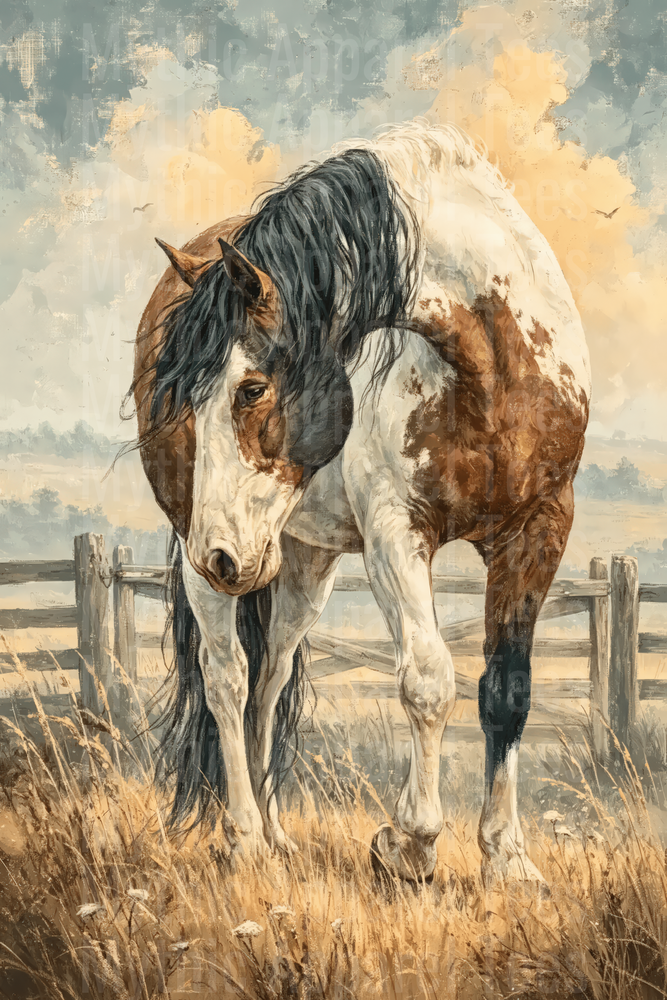 Paint Horse with Dark Mane Standing by Rustic Wooden Fence in Golden Prairie Field Oil Painting Style
