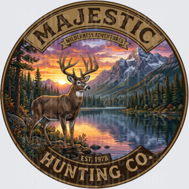 Majestic Hunting Co Wilderness Adventures Buck Sunset Round Badge
