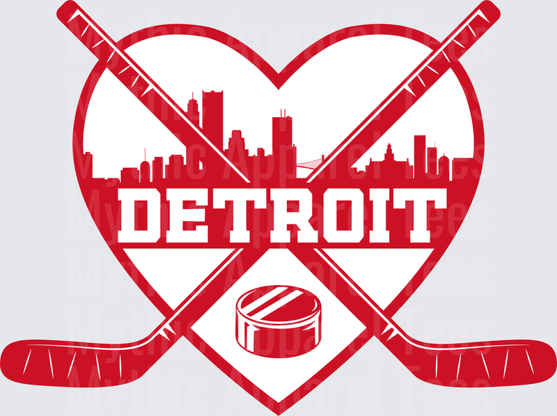 NHL Teams Detroit Red Wings Heart Skyline Crossed Hockey Sticks